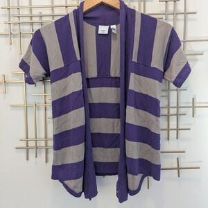 VTG Y2K Striped Short Sleeve Open Front Cardigan Sweater‎ Shrug Purple Gray Sz M